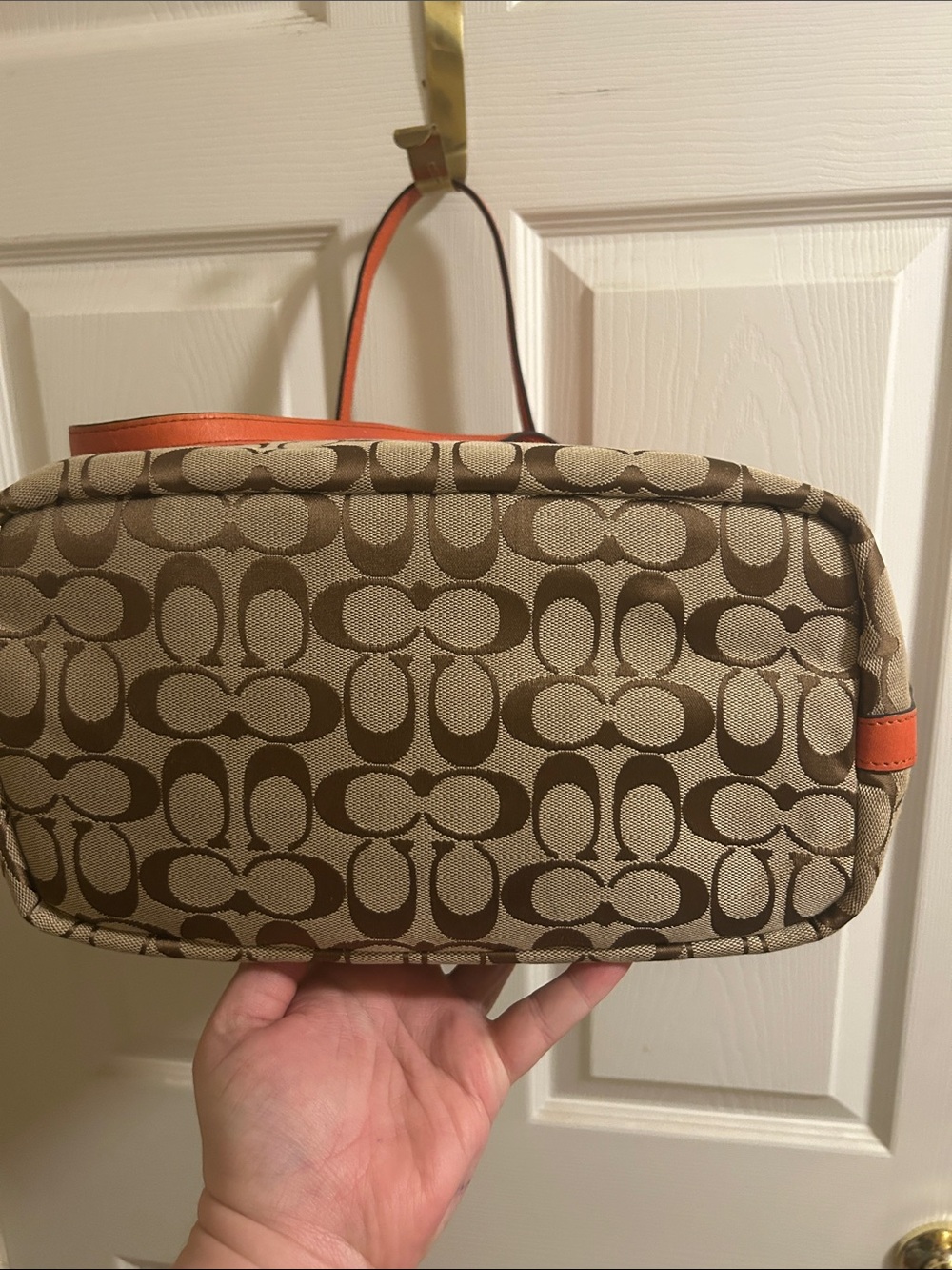 Coach Beige/Brown Signature Tote with Orange Trim - Picture 5 of 13